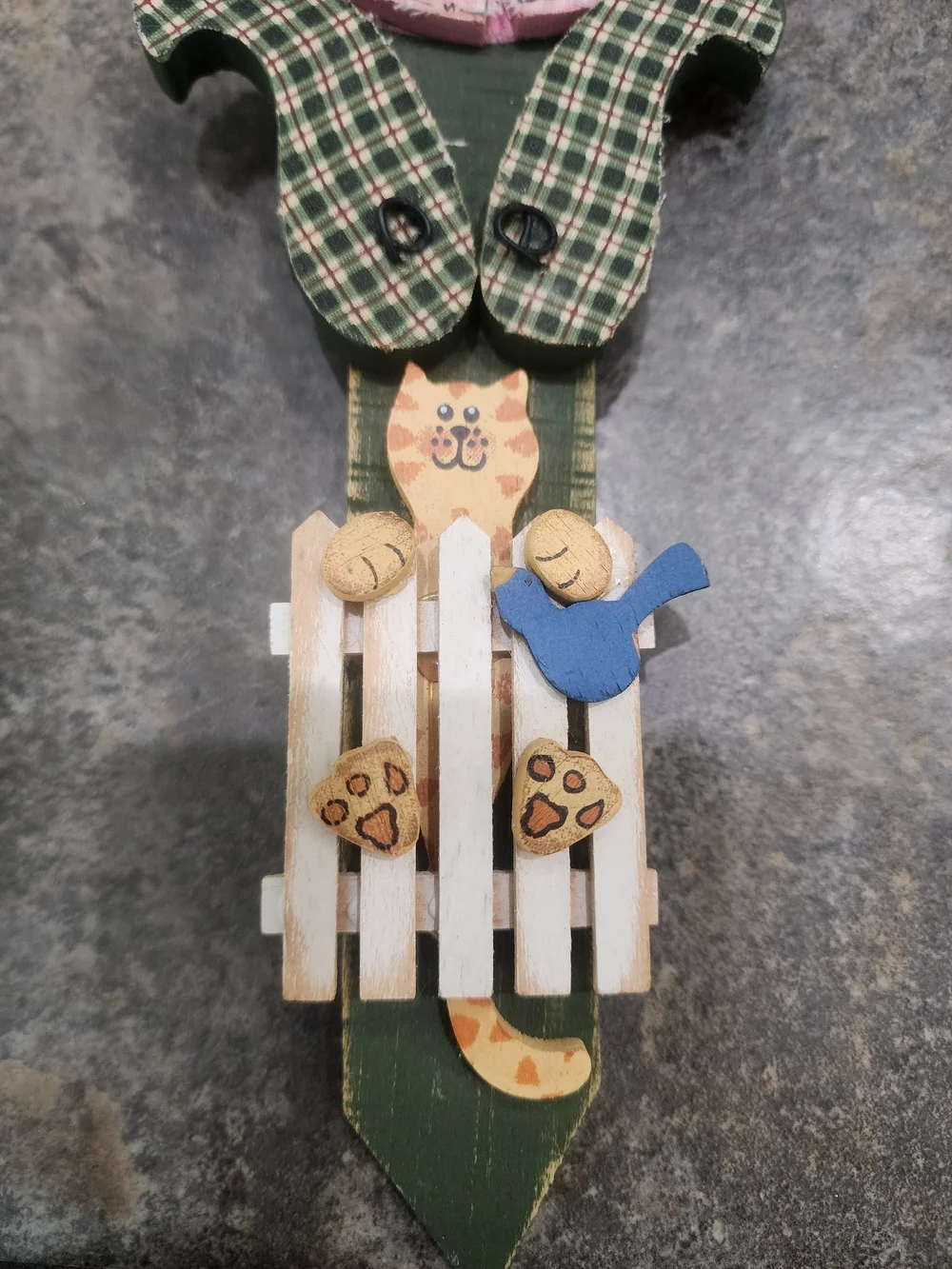 Vintage Handmade Cat Pink Tulip Wood Indie Folk Art 10.5